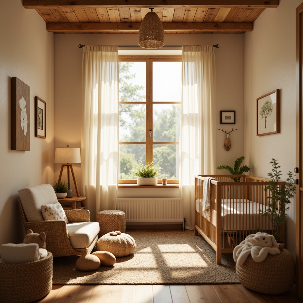 Prompt: Cozy baby room, vernacular wooden accents, warm beige walls, soft cream curtains, plush toys, crib with delicate lace, gentle table lamp, warm white lighting, rustic wood furniture, woven baskets, natural fiber rug, earthy color palette, sunny afternoon, shallow depth of field, 1/1 composition, warm glowing atmosphere.