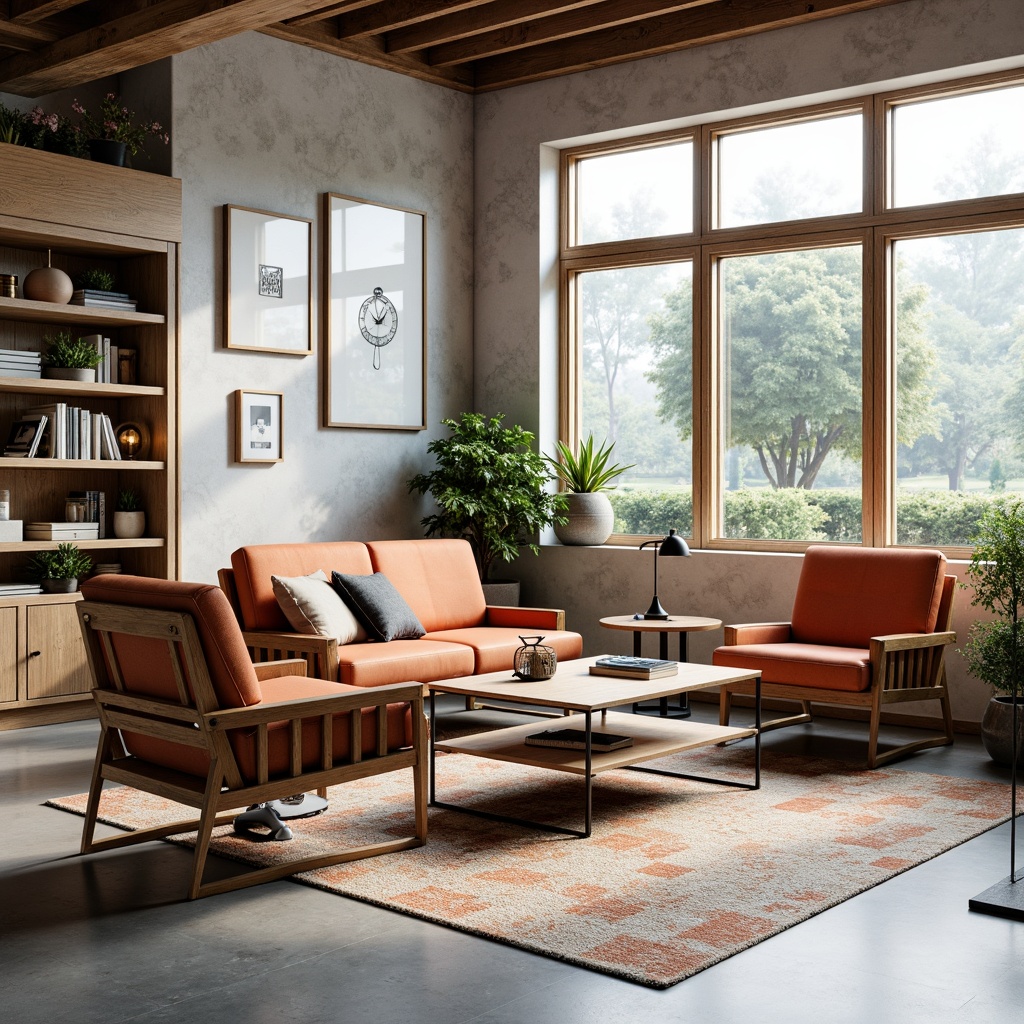 Prompt: Mid-century modern furniture, sleek wooden frames, comfortable cushioning, vibrant upholstery fabrics, ornate metal legs, minimalist coffee tables, spacious storage shelves, ergonomic office chairs, adjustable desk lamps, natural wood textures, industrial-chic decor, bright airy room, large windows, soft diffused lighting, 1/1 composition, realistic renderings, subtle ambient occlusion.