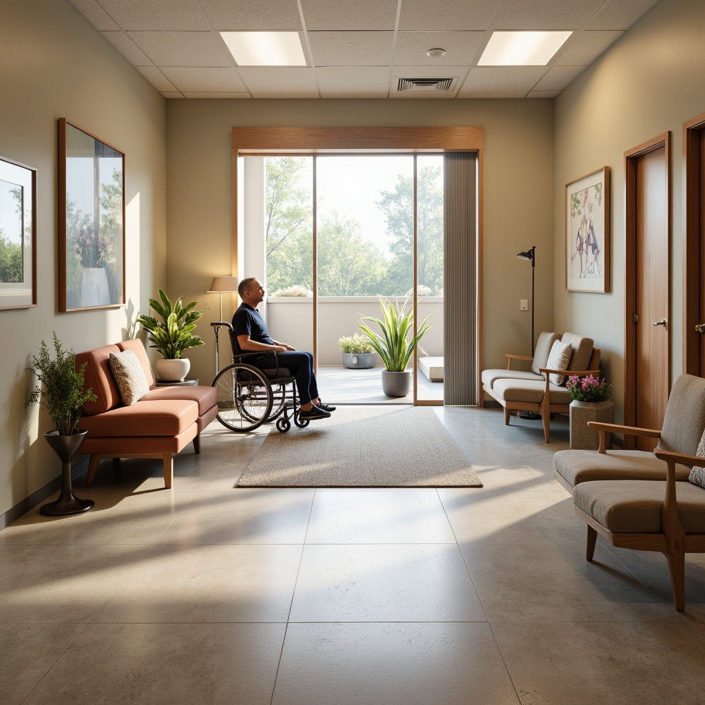 Prompt: Wheelchair-accessible ramps, automatic sliding doors, wide corridors, adaptable therapy rooms, adjustable treatment tables, non-slip flooring, braille signage, audio induction loop systems, lowered counters, roll-in showers, grab bars, emergency alarms, natural lighting, calming color schemes, minimal obstacles, clear navigation paths, comfortable seating areas, quiet waiting rooms, accessible parking spaces, gentle slopes, handrails, tactile markers, high-contrast visual cues, simple wayfinding signs, spacious elevator cars, wide doorways, ergonomic furniture, adaptive exercise equipment, soothing ambient sounds, warm neutral tones, 3/4 composition, soft warm lighting, shallow depth of field, realistic textures.