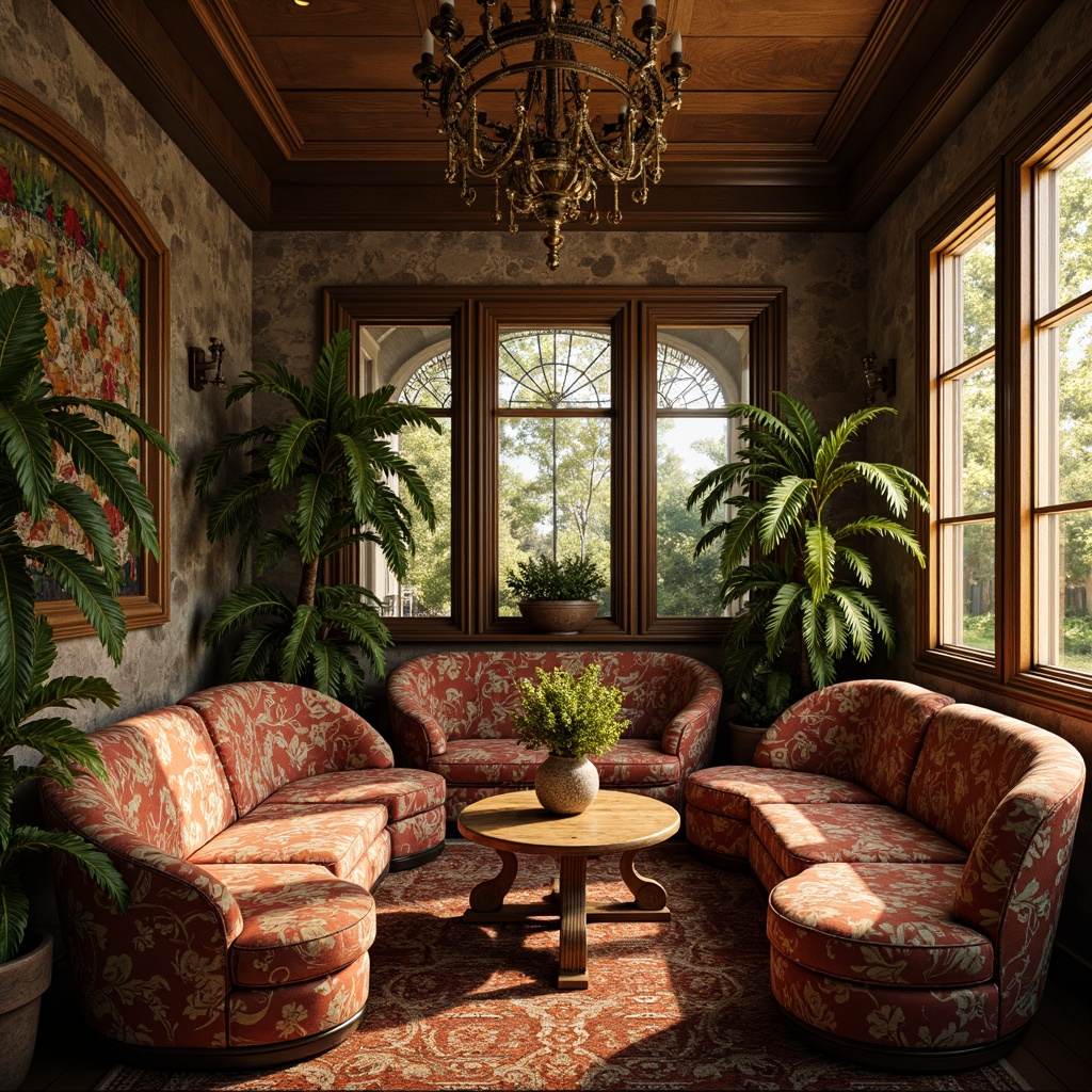 Prompt: Intricate botanical patterns, flowing organic lines, curved ornate furniture, luxurious velvet fabrics, warm golden lighting, natural stone walls, wooden accents, floral motifs, stained glass windows, whimsical metalwork, sinuous tendrils, botanical prints, earthy color palette, soft focus, shallow depth of field, 2/3 composition, warm intimate atmosphere, realistic textures.