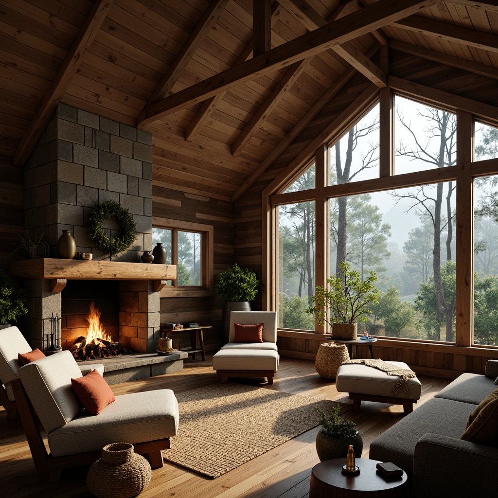 Prompt: Cozy cabin, rustic wooden walls, earthy stone fireplace, plush furnishings, woven baskets, natural fiber rugs, warm ambient lighting, soft shadows, misty forest surroundings, towering trees, foggy morning atmosphere, gentle sunbeams, 1/1 composition, realistic textures, subtle noise reduction.