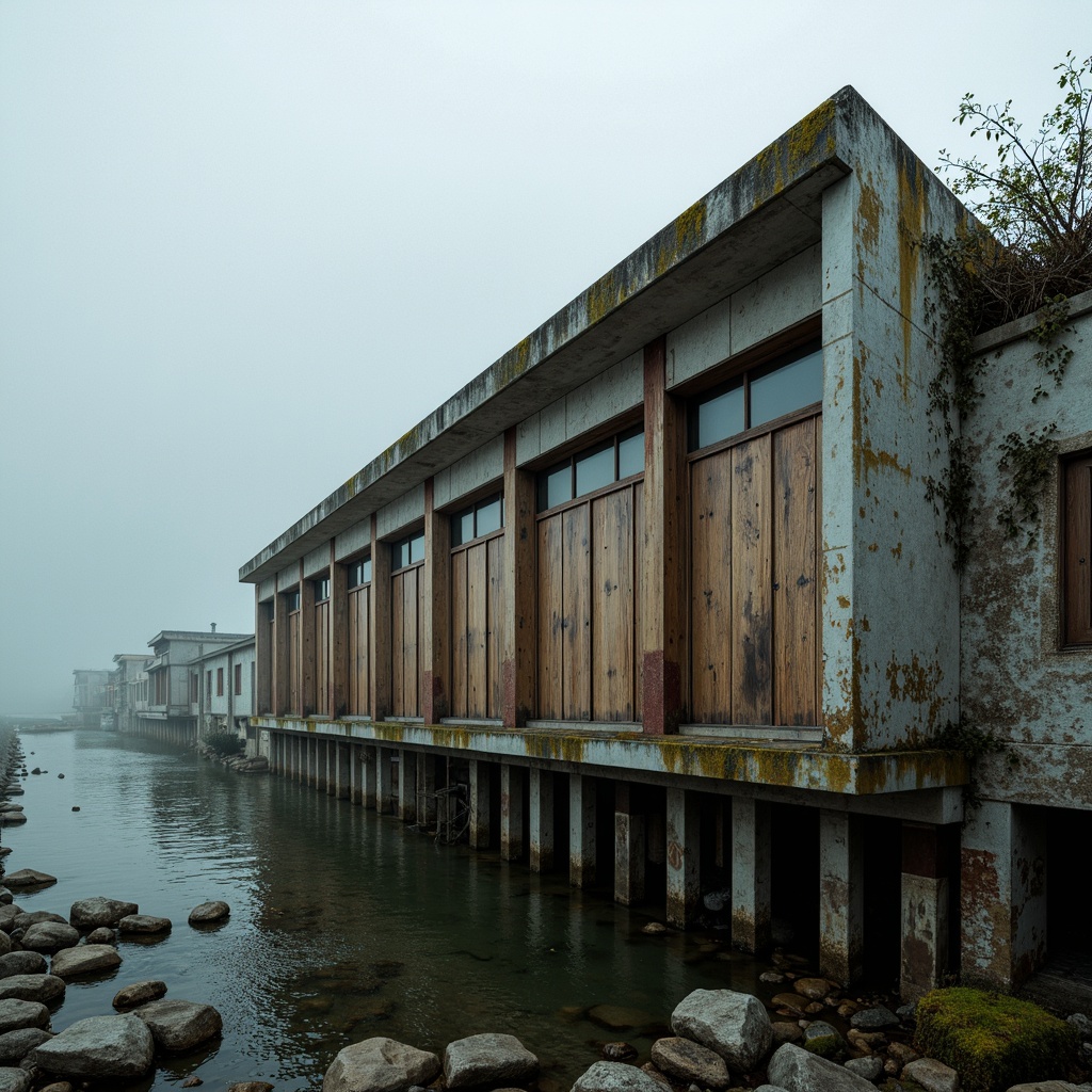 Prompt: Rugged boathouse, brutalist architecture, weathered wood, rusty metal accents, worn concrete walls, industrial-style windows, nautical ropes, distressed finishes, earthy tones, moss-covered stones, misty waterfront, overcast sky, soft warm lighting, atmospheric perspective, 1/2 composition, cinematic mood, realistic textures, subtle color grading.