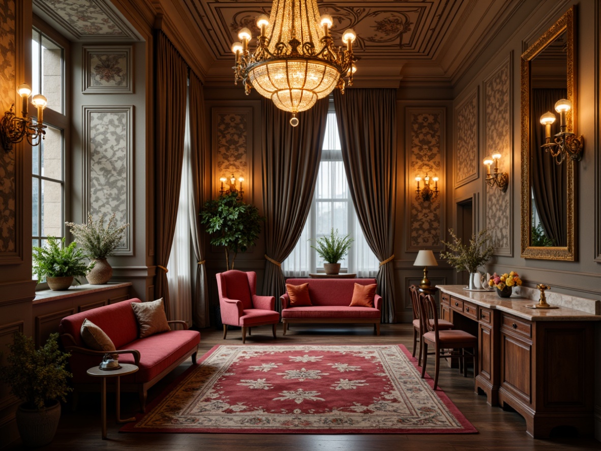 Prompt: Elegant crystal chandeliers, ornate gold accents, rich velvet fabrics, plush area rugs, refined wooden furniture, luxurious marble countertops, delicate flower patterns, subtle texture variations, warm ambient lighting, soft focus background, 1/2 composition, romantic atmosphere, nostalgic vintage feel.