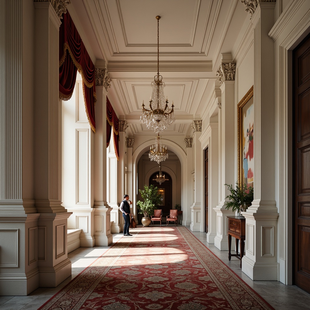 Prompt: Elegant interior space, neoclassical molding details, ornate plasterwork, white marble columns, richly patterned rugs, velvet drapes, gilded frames, crystal chandeliers, symmetrical composition, subtle warm lighting, soft focus, 1/2 composition, atmospheric perspective, luxurious textiles, intricate wood carvings, classical archways, refined color palette, sophisticated furniture pieces.