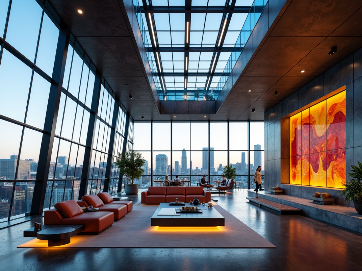 Prompt: Futuristic great room, open space layout, high ceilings, minimalist decor, sleek metal beams, glass roof, natural light pouring in, ambient lighting, soft warm glow, comfortable lounge seating, vibrant colorful accents, intricate geometric patterns, metallic textures, glossy surfaces, curved lines, futuristic furniture designs, smart home technology integrations, floor-to-ceiling windows, cityscape views, urban landscape, modern architecture, 3/4 composition, panoramic view, realistic reflections.