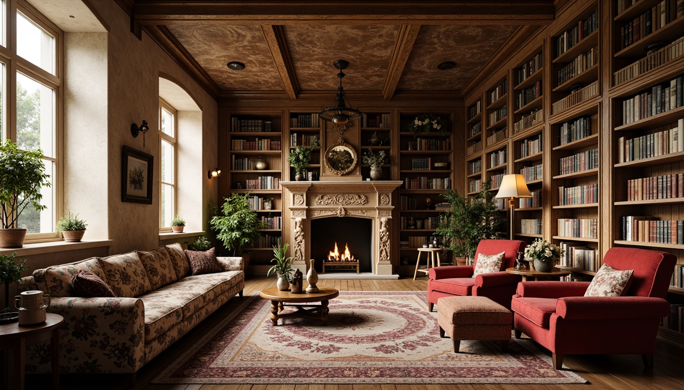 Prompt: Rustic library interior, French country style, plush armchairs, rich velvet fabrics, ornate wooden bookshelves, distressed leather-bound books, soft warm lighting, golden bronze fixtures, intricately patterned rugs, creamy stone walls, tall arched windows, floral upholstered sofas, vintage reading lamps, classical music background, shallow depth of field, 1/1 composition, realistic textures, ambient occlusion.