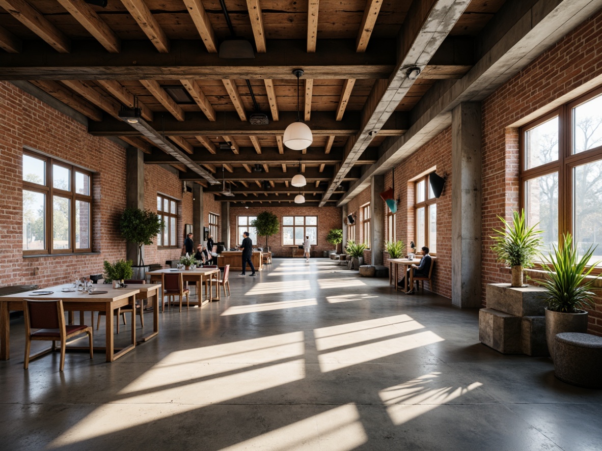 Prompt: Industrial interior, exposed beams, rustic metal framework, reclaimed wood accents, concrete floors, brick walls, minimalist decor, functional lighting, urban loft atmosphere, high ceilings, open space, natural ventilation, distressed finishes, earthy color palette, warm ambient lighting, shallow depth of field, 1/1 composition, realistic textures.