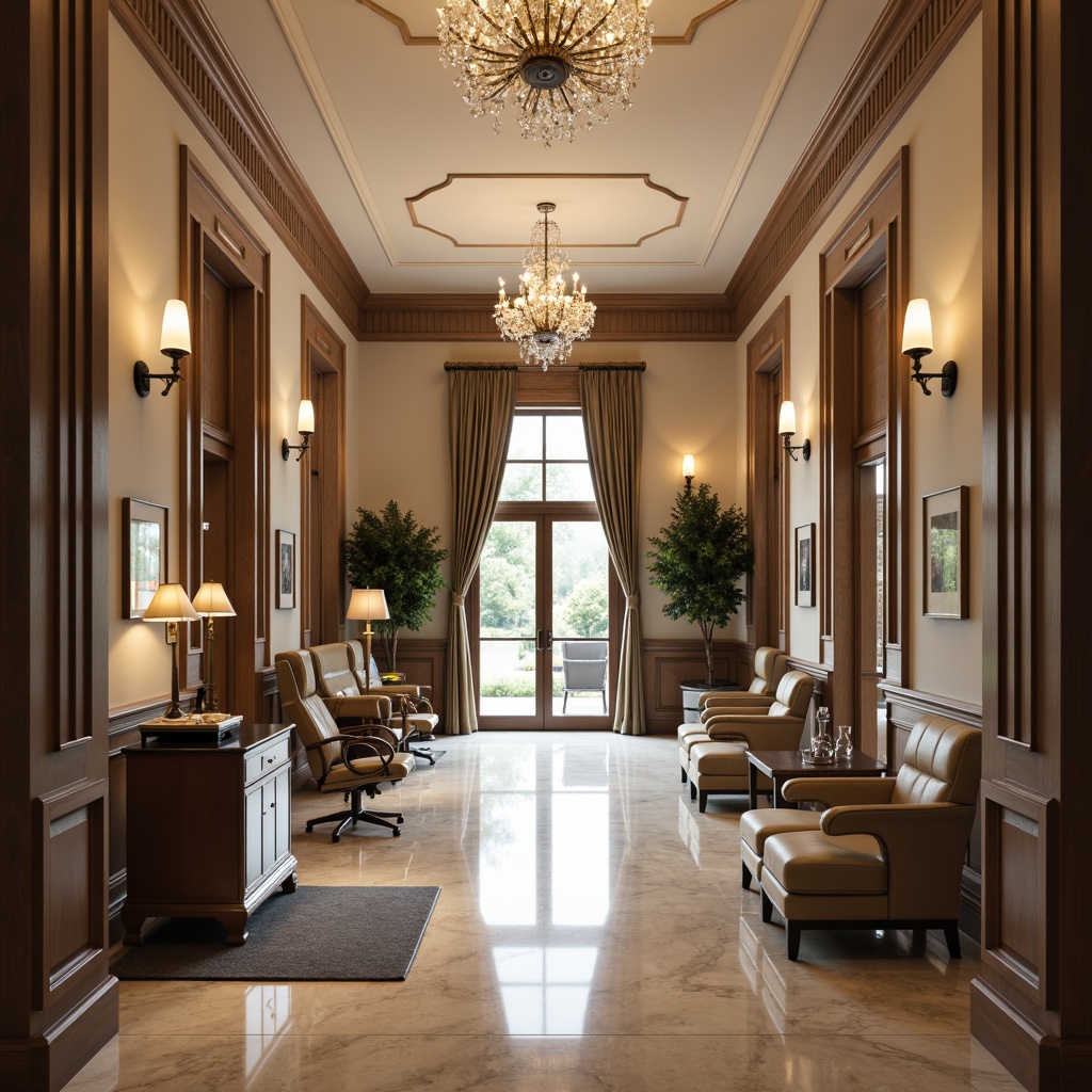 Prompt: Luxurious dental clinic, neoclassical architecture, grand entrance, high ceilings, ornate moldings, crystal chandeliers, marble floors, rich wood accents, elegant furniture, subtle color palette, soft warm lighting, shallow depth of field, 1/2 composition, symmetrical layout, realistic textures, ambient occlusion, dental chairs, modern equipment, sleek metal surfaces, comfortable waiting areas, plush patient lounges, serene ambiance, calming atmosphere.