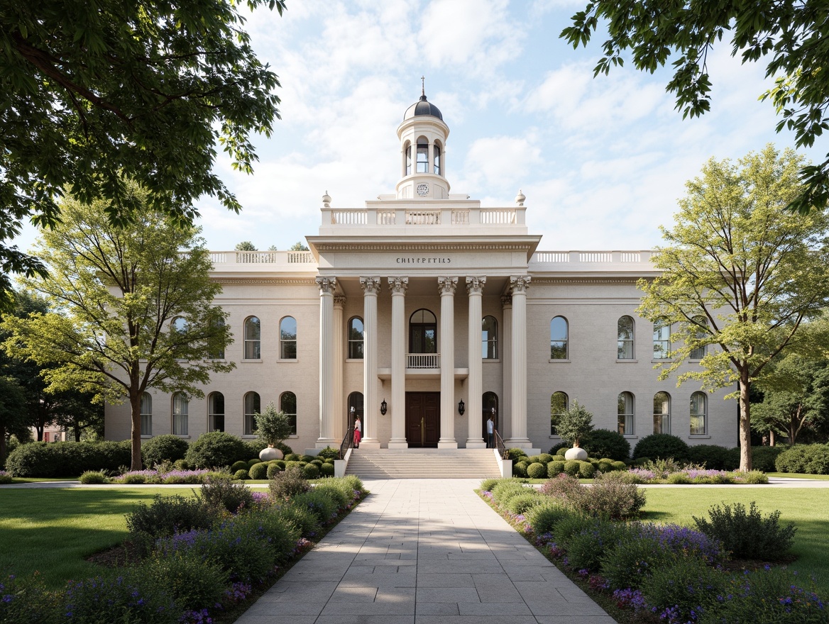 Prompt: Neoclassical public administration building, grand entrance, iconic columns, ornate details, symmetrical fa\u00e7ade, limestone exterior, subtle arches, decorative cornices, elegant clock tower, manicured lawns, mature trees, tranquil atmosphere, soft natural lighting, shallow depth of field, 1/1 composition, realistic textures, ambient occlusion.