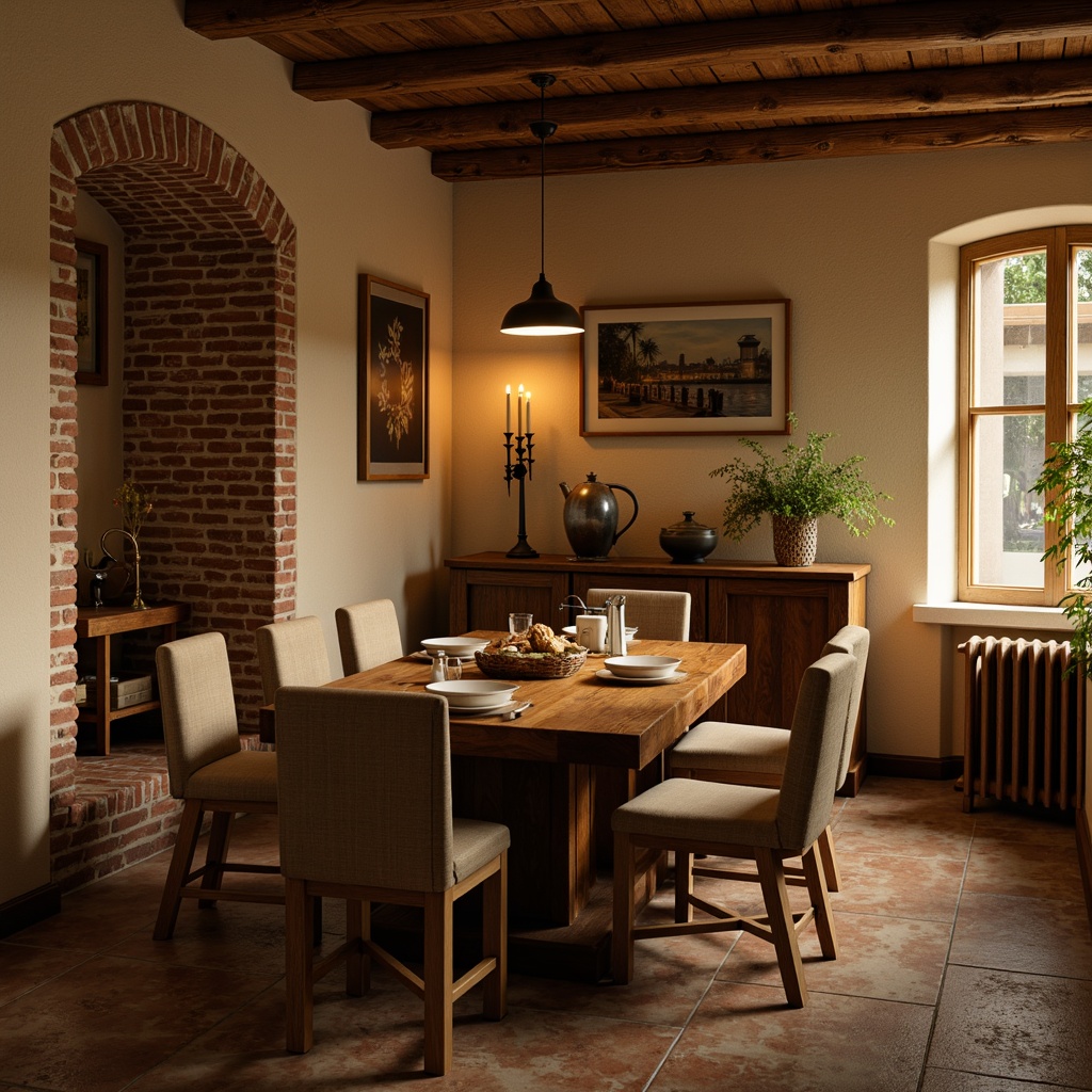 Prompt: Rustic dining room, wooden furniture, earthy tones, warm beige walls, natural stone flooring, exposed brick accents, vintage metal decor, soft candlelight, cozy atmosphere, warm golden lighting, 1/2 composition, shallow depth of field, realistic textures, ambient occlusion.