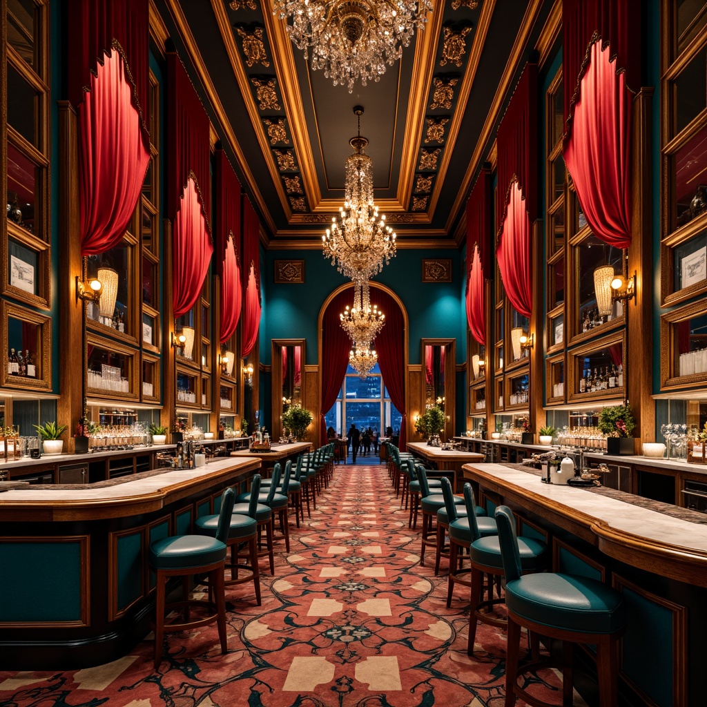 Prompt: Richly ornamented bar, lavish velvet drapes, gilded frames, ornate mirrors, intricate wooden carvings, luxurious leather upholstery, polished metal accents, dramatic chandeliers, opulent marble countertops, bold geometric patterns, vibrant jewel-toned colors, high-contrast lighting, shallow depth of field, 1/2 composition, cinematic angles, moody atmospheric rendering, realistic reflections.