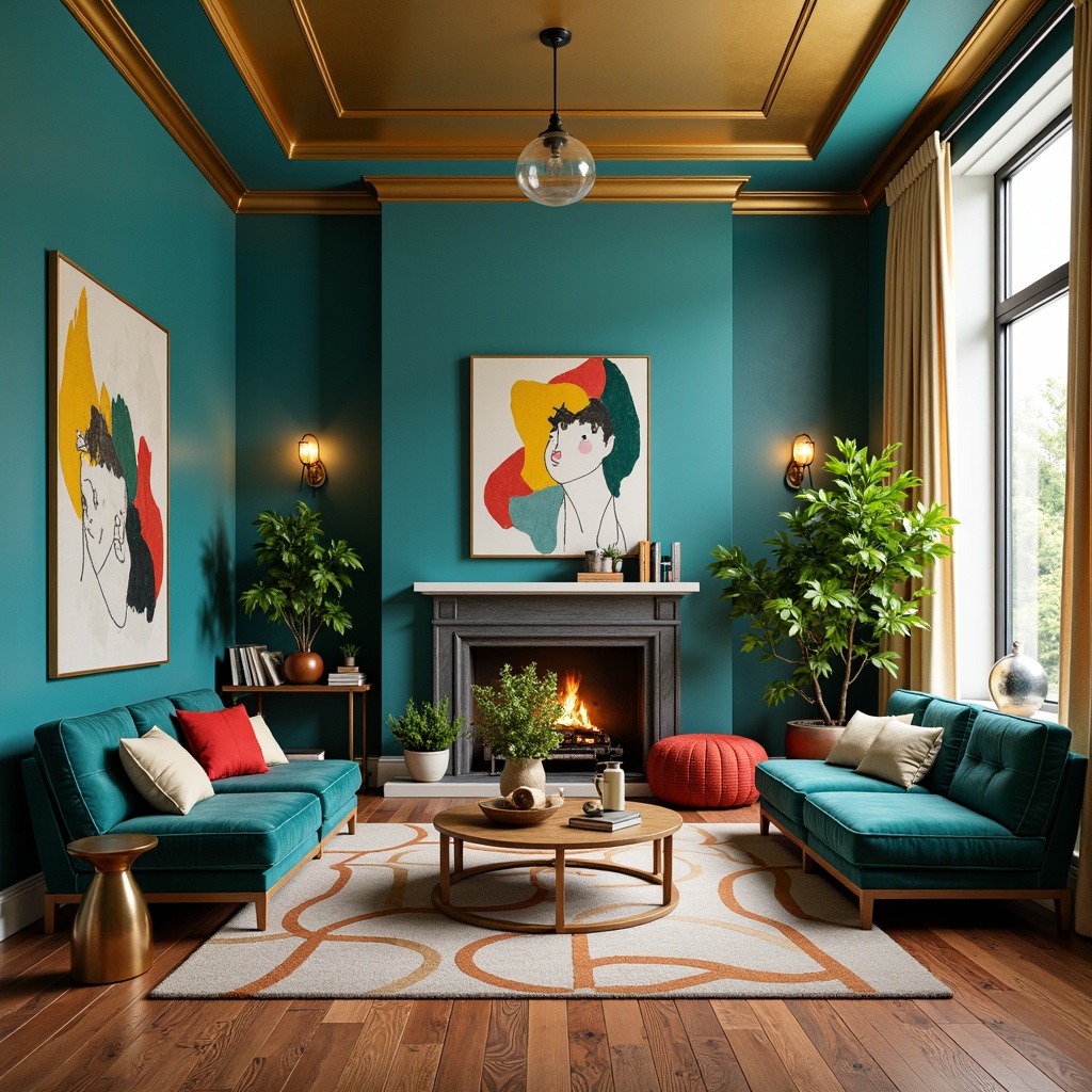 Prompt: Vibrant living room, bold furniture, rich turquoise walls, warm golden lighting, plush velvet sofas, abstract artwork, geometric patterned rugs, metallic accents, sleek coffee tables, lush green plants, floor-to-ceiling windows, natural wood flooring, cozy reading nooks, soft cream-colored curtains, inviting atmosphere, relaxing ambiance, 3/4 composition, warm color palette, realistic textures.