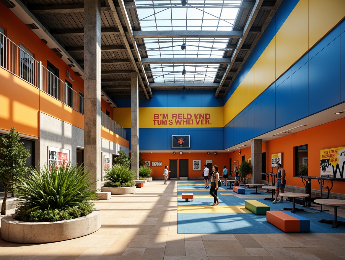 Prompt: Vibrant gymnasium interior, bold color blocks, energetic blue tones, warm wooden accents, dynamic orange highlights, neutral beige backgrounds, motivational quotes, modern LED lighting, sleek metal equipment, industrial-style flooring, urban graffiti-inspired murals, geometric patterned carpets, textured concrete walls, natural stone features, abundant greenery, sunny skylights, shallow depth of field, 1/1 composition, realistic textures, ambient occlusion.