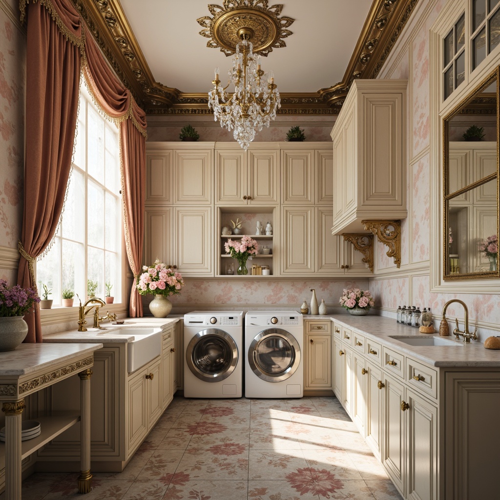 Prompt: Ornate laundry room, soft pastel hues, delicate florals, intricately carved wooden cabinets, ornamental mirrors, crystal chandeliers, velvet drapes, antique bronze hardware, lace curtains, distressed finishes, gilded accents, scalloped edges, cabriole legs, luxurious marble countertops, porcelain sinks, elegant faucets, warm golden lighting, shallow depth of field, 1/1 composition, realistic textures, ambient occlusion.