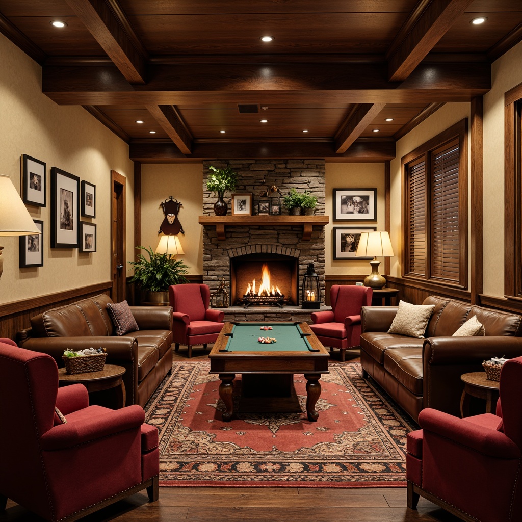 Prompt: Cozy game room, traditional furniture arrangement, rich wood tones, plush velvet armchairs, ornate wooden tables, vintage board games, warm lantern lighting, rustic stone fireplace, comfortable leather sofas, classic video games, nostalgic decorations, warm beige walls, soft carpet flooring, intimate seating areas, dramatic ceiling height, symmetrical composition, warm color palette, realistic textures.