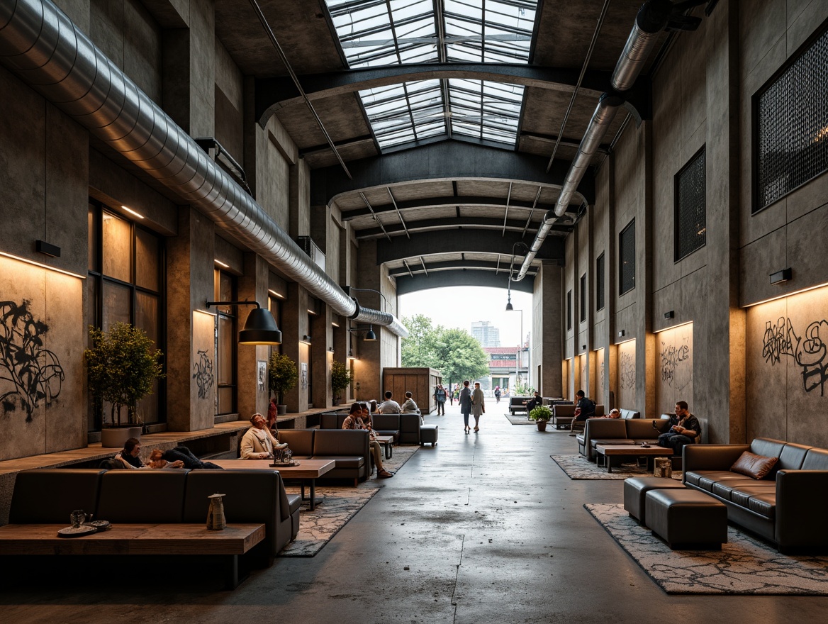 Prompt: Rugged train station interior, brutalist architectural style, raw concrete walls, exposed ductwork, industrial metal beams, functional furniture, minimalist seating, steel benches, reclaimed wood accents, distressed leather upholstery, industrial-style lighting fixtures, metal mesh partitions, urban graffiti, gritty urban atmosphere, high-ceilinged open spaces, dramatic natural light, atmospheric shadows, 1/1 composition, low-angle shot, warm color grading, realistic textures.