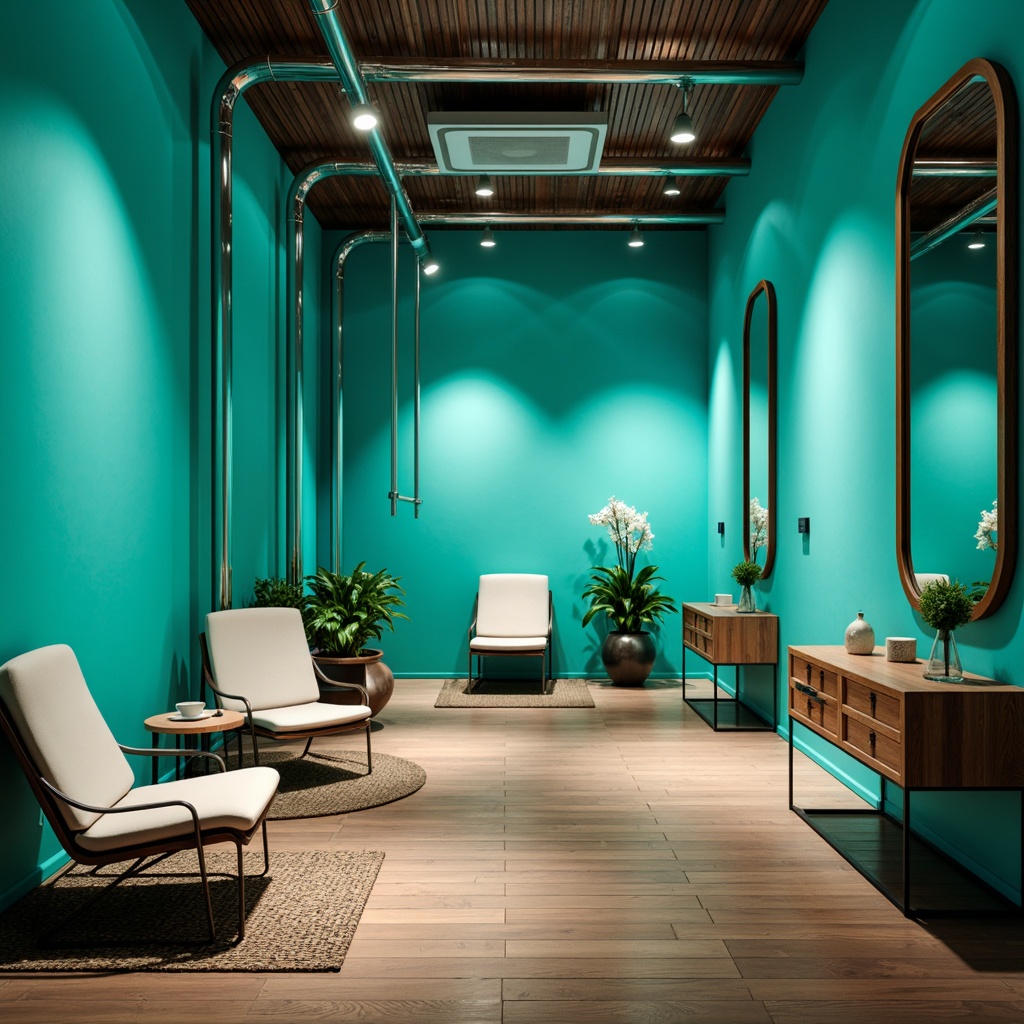 Prompt: Streamlined modern interior, bold color accents, vibrant turquoise walls, polished chrome fixtures, sleek wooden floors, minimalist furniture, geometric patterns, metallic textures, ambient lighting, soft focus, shallow depth of field, 1/1 composition, realistic reflections, warm atmospheric glow.