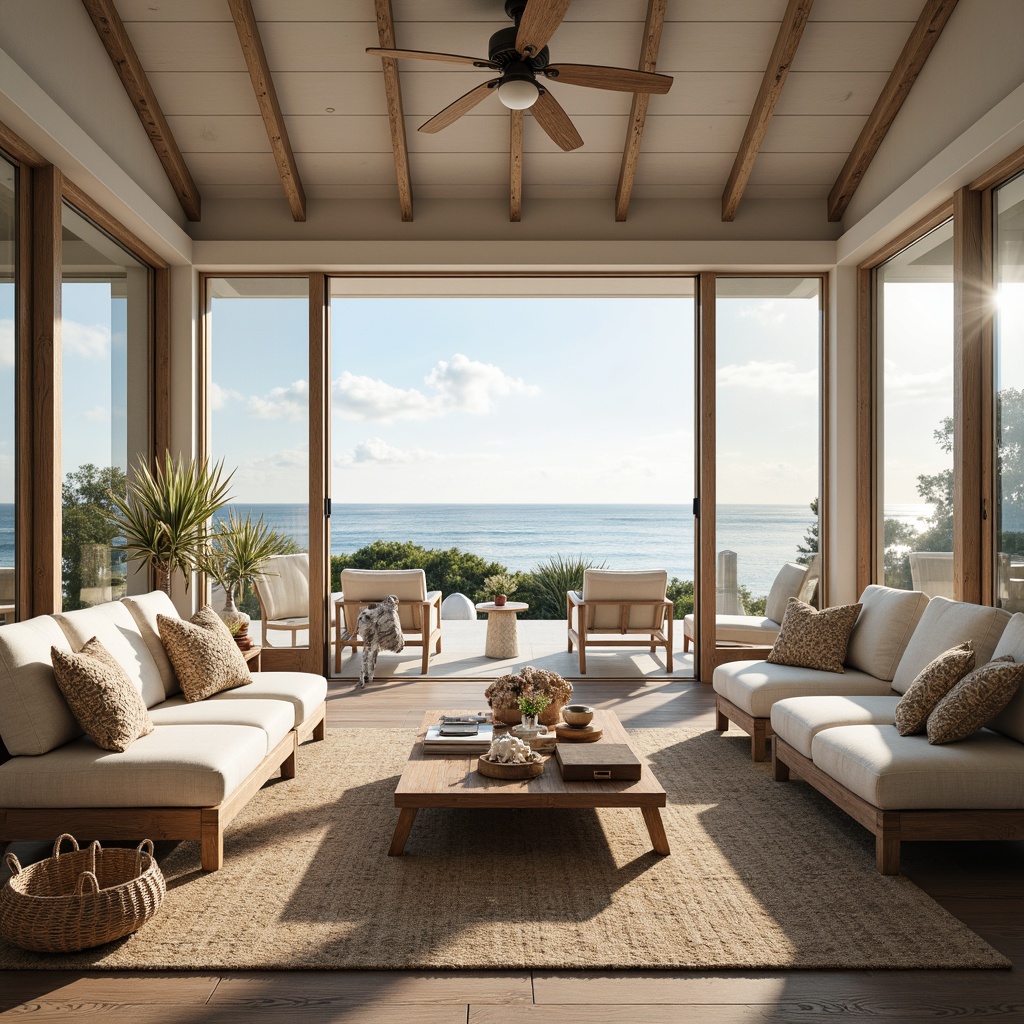 Prompt: Coastal style interior, large windows, sliding glass doors, natural light pouring in, soft warm glow, beachy vibe, driftwood furniture, white linen upholstery, jute rugs, woven baskets, nautical accents, coral-inspired decor, ocean-blue hues, sea salt textures, weathered wood tones, airy atmosphere, minimal ornamentation, 1/1 composition, shallow depth of field, realistic reflections.