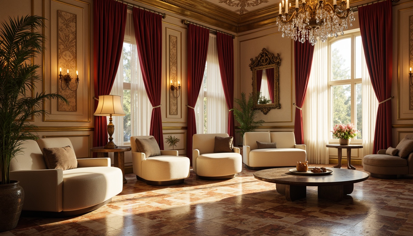 Prompt: Rich velvet drapes, ornate gold accents, warm beige walls, rustic wooden furniture, soft cream upholstery, antique bronze hardware, lavish crystal chandeliers, intricate marble patterns, morning sunlight, warm golden lighting, 3/4 composition, shallow depth of field, realistic textures, ambient occlusion.