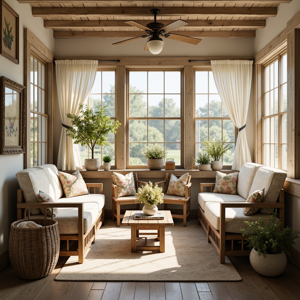 Prompt: Cozy sunroom, distressed wooden furniture, soft cushioning, vintage textiles, floral patterns, lace trimmings, pastel color palette, natural fabrics, linen drapes, billowy curtains, rustic wood accents, woven baskets, antique decor, warm sunny day, soft diffused lighting, 1/1 composition, intimate atmosphere, realistic textures, subtle ambient occlusion.