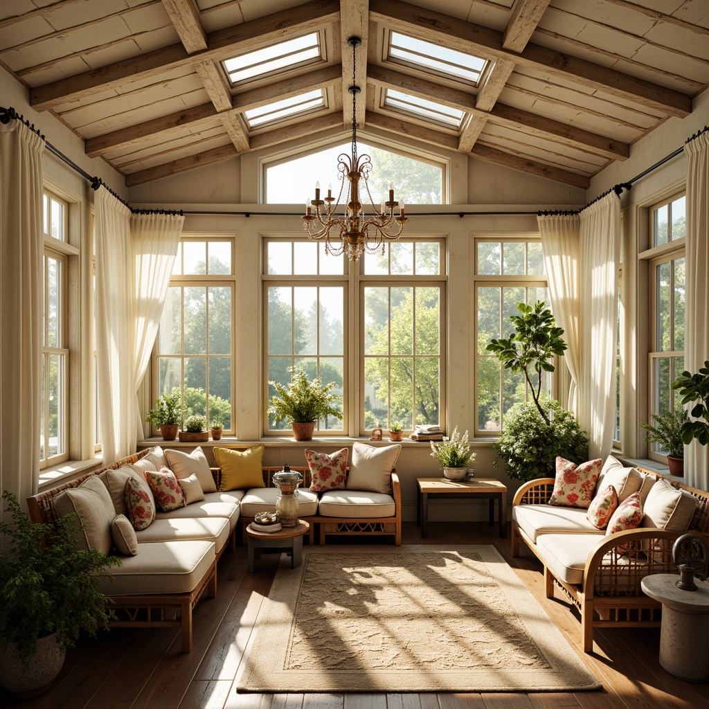 Prompt: Cozy sunroom, distressed wood accents, vintage decor, soft pastel colors, floral patterns, rattan furniture, natural textiles, sheer curtains, rustic metal frames, warm beige tones, inviting atmosphere, abundant natural light, clerestory windows, skylights, translucent shades, delicate chandeliers, warm golden lighting, shallow depth of field, 1/2 composition, romantic ambiance.