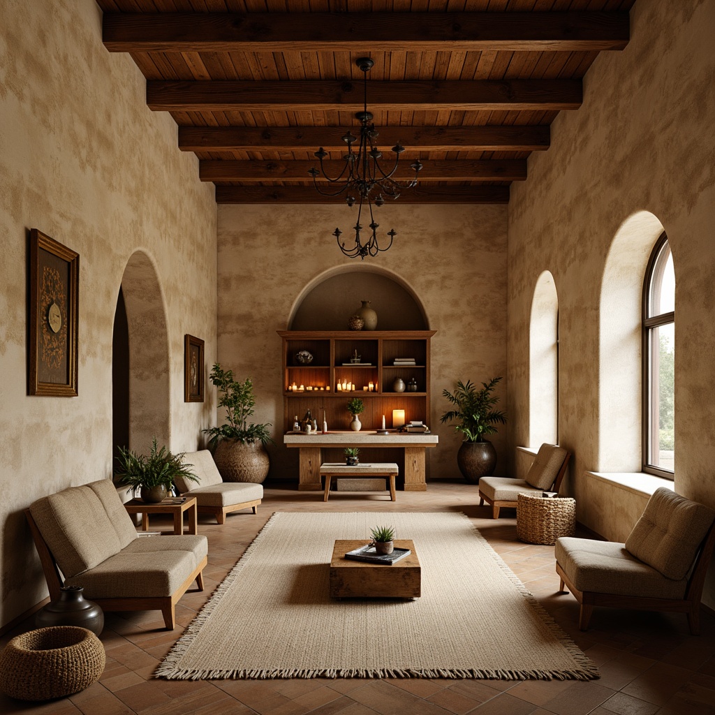 Prompt: Rustic monastery setting, wooden accents, distressed finishes, ornate carvings, minimalist decor, sacred symbols, candlelit ambiance, warm beige tones, natural stone floors, arched windows, vaulted ceilings, handcrafted furniture, reclaimed wood, woven textiles, earthy color palette, soft warm lighting, subtle shadows, 1/2 composition, atmospheric rendering, detailed normal maps.