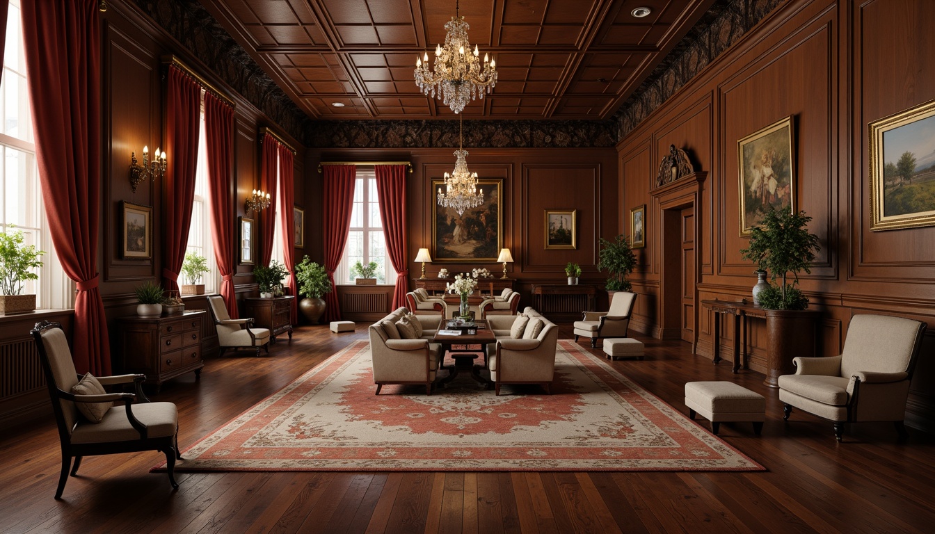 Prompt: Richly polished wooden floors, ornate crown molding, elegant wainscoting, luxurious velvet drapes, intricate crystal chandeliers, vintage antique furniture, distressed leather armchairs, classic oil paintings, soft warm candlelight, shallow depth of field, 1/1 composition, symmetrical balance, realistic textures, ambient occlusion.