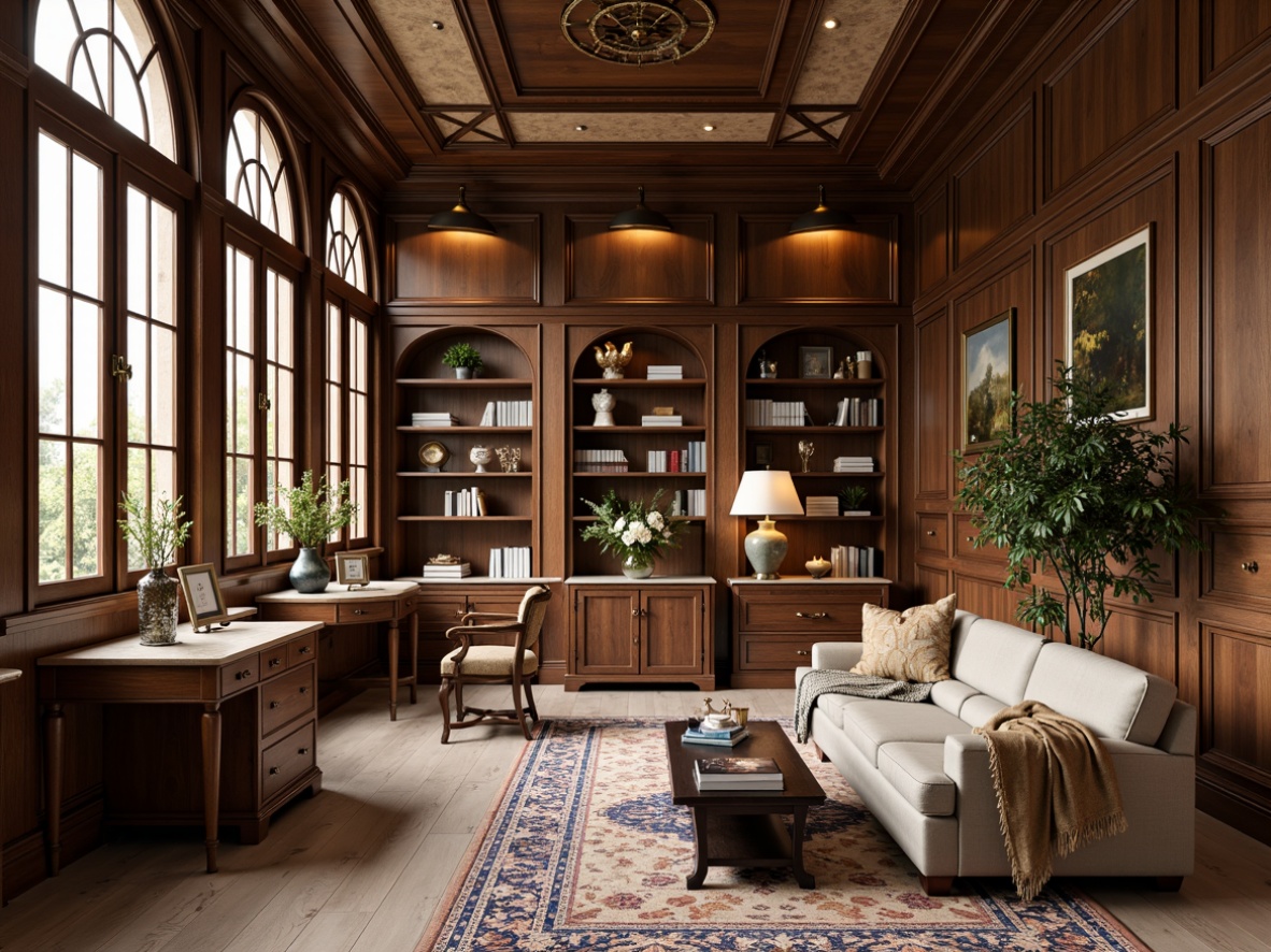 Prompt: Rich wood tones, elegant cream accents, sophisticated navy blues, warm beige textures, refined gold hardware, ornate antique furniture, traditional leather-bound books, classic artwork, subtle natural patterns, softbox lighting, 1/2 composition, shallow depth of field, warm and inviting atmosphere, comfortable seating areas, organized workspace, luxurious rugs, vintage decorative items.Please let me know if this meets your expectations!