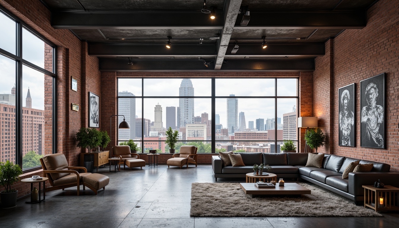 Prompt: Exposed brick walls, metal beams, industrial chic decor, luxurious open space, penthouse views, cityscape panorama, floor-to-ceiling windows, sleek modern furniture, minimalist lighting fixtures, polished concrete floors, urban loft atmosphere, sophisticated color palette, metallic accents, reclaimed wood elements, airy high ceilings, dramatic vertical spaces, abstract art pieces, trendy pendant lamps, cozy reading nooks, panoramic skyline view, cinematic wide-angle shot, warm softbox lighting, shallow depth of field.