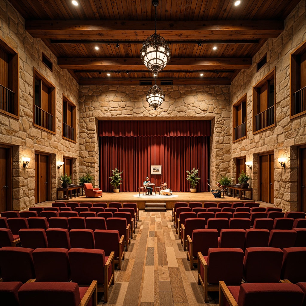 Prompt: Rustic performing arts center, wooden stage, natural stone walls, earthy tone color scheme, dimmable warm lighting, comfortable seating arrangement, plush velvet chairs, wooden benches, intimate setting, small audience capacity, acoustic sound system, grand piano, live music performances, folk-inspired decorations, vintage musical instruments, wooden floorboards, cozy atmosphere, soft carpeting, rustic metal chandeliers, 3/4 composition, shallow depth of field, realistic textures, ambient occlusion.