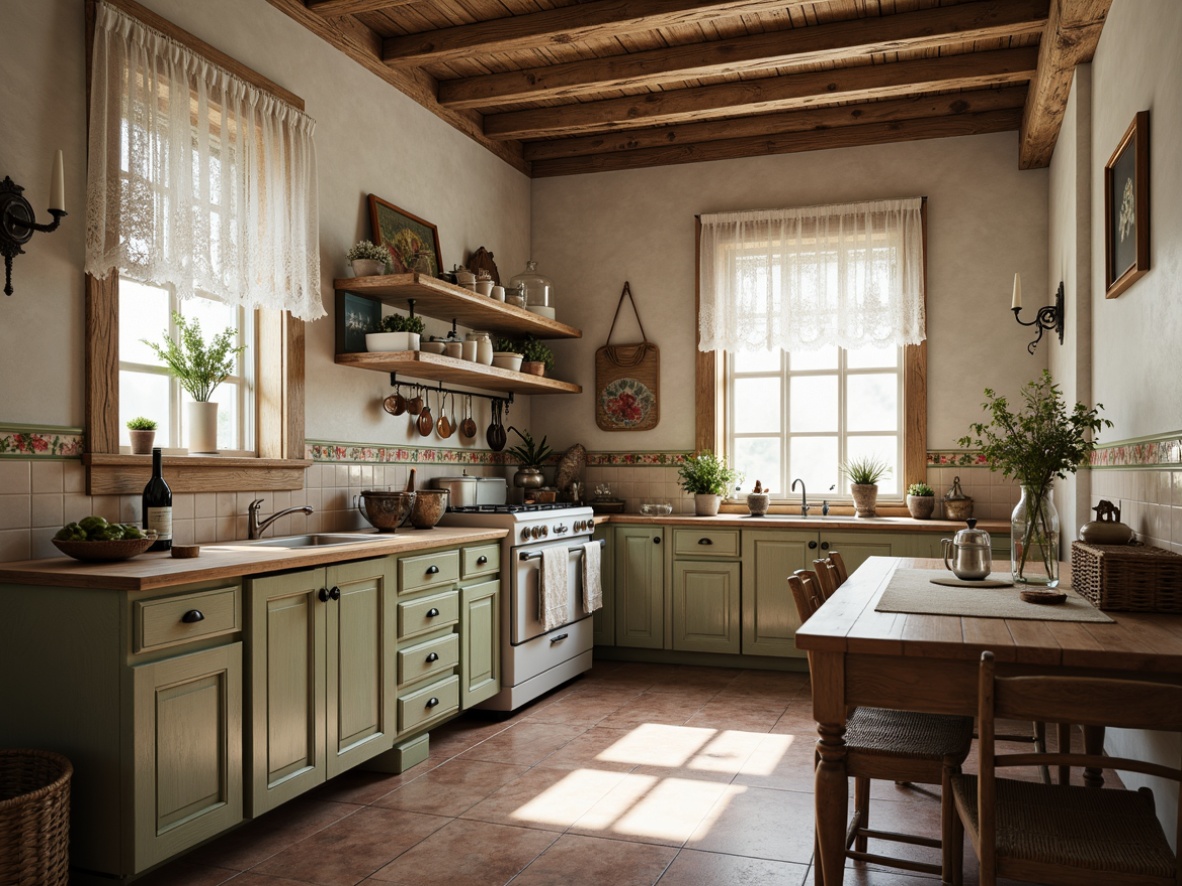 Prompt: Vintage kitchen, distressed wooden cabinets, soft pastel colors, ornate metal hardware, elegant ceramic tiles, lace curtains, floral patterns, antique utensils, rustic wooden tables, mismatched vintage chairs, woven baskets, mercury glass vases, candles, warm soft lighting, shallow depth of field, 1/1 composition, realistic textures, ambient occlusion.