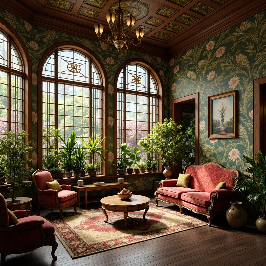 Prompt: Whimsical Art Nouveau interior, organic botanical patterns, flowing curves, ornate metalwork, natural wood accents, floral motifs, sinuous lines, jewel-toned colors, velvet upholstery, intricately carved furniture, stained glass windows, blooming flowers, lush greenery, soft warm lighting, 1/1 composition, realistic textures, ambient occlusion.