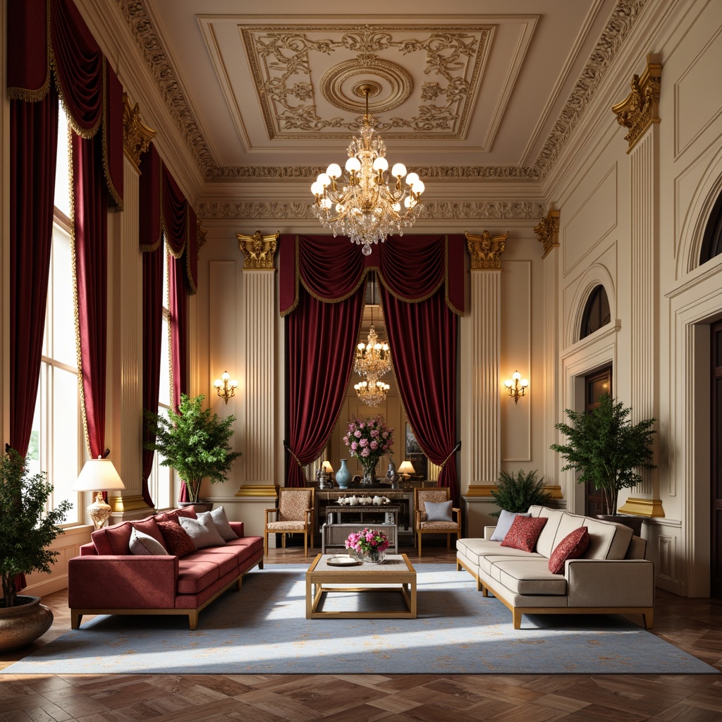 Prompt: Luxurious great room, neoclassical architecture, ornate moldings, grand chandeliers, rich velvet drapes, intricately carved wooden furniture, gilded accents, majestic columns, marble floors, opulent crystal fixtures, soft warm lighting, subtle shadows, 1/1 composition, symmetrical balance, classic proportions, warm beige walls, deep crimson reds, regal blues, creamy whites, metallic golds, lavish upholstery, sophisticated textures, refined ambiance.