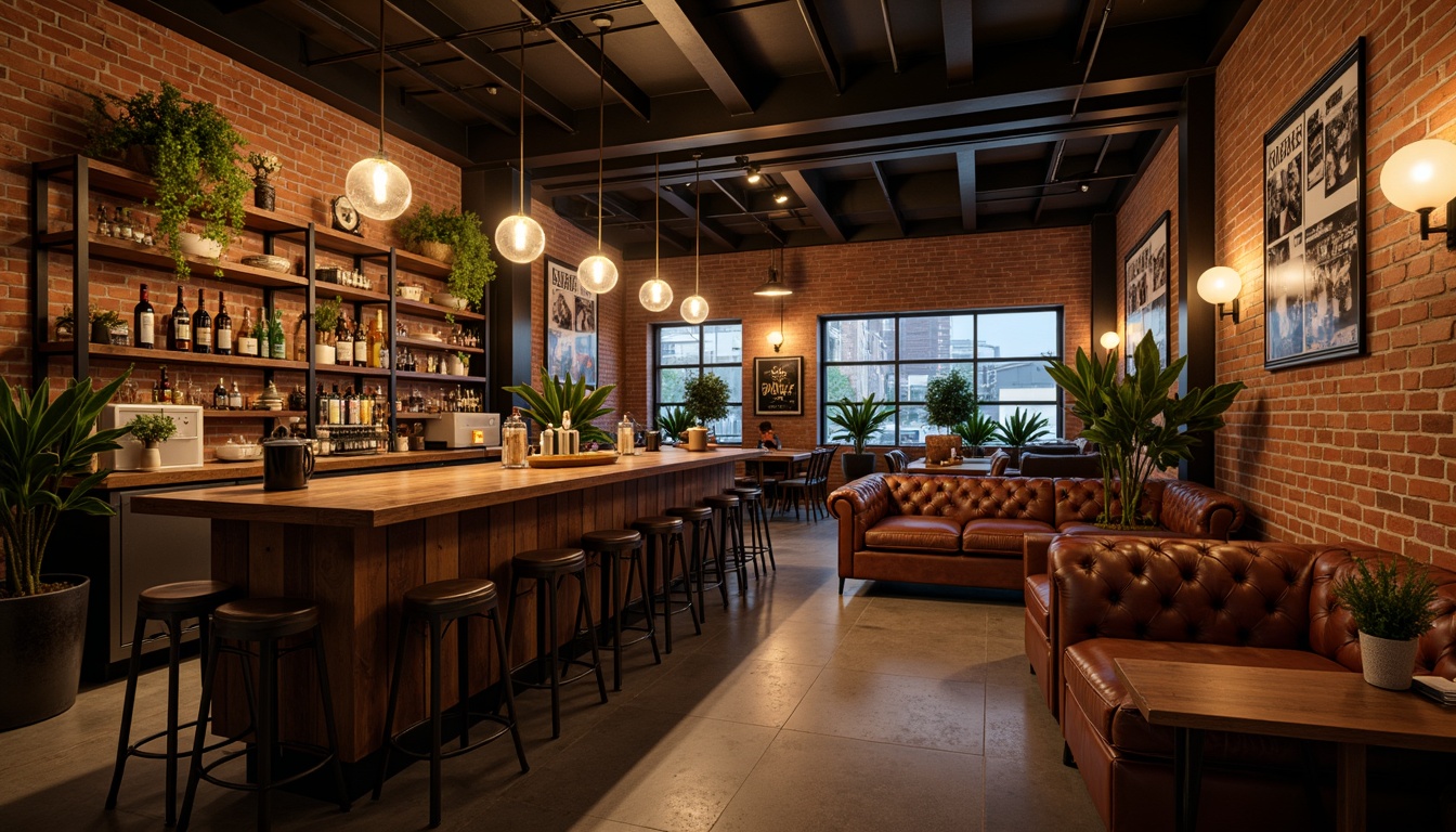 Prompt: Modern industrial bar, reclaimed wood counters, metal stools, Edison bulb lighting, brick walls, urban loft atmosphere, rich leather sofas, vintage beer signs, dim warm ambiance, shallow depth of field, 1/1 composition, realistic textures, ambient occlusion.