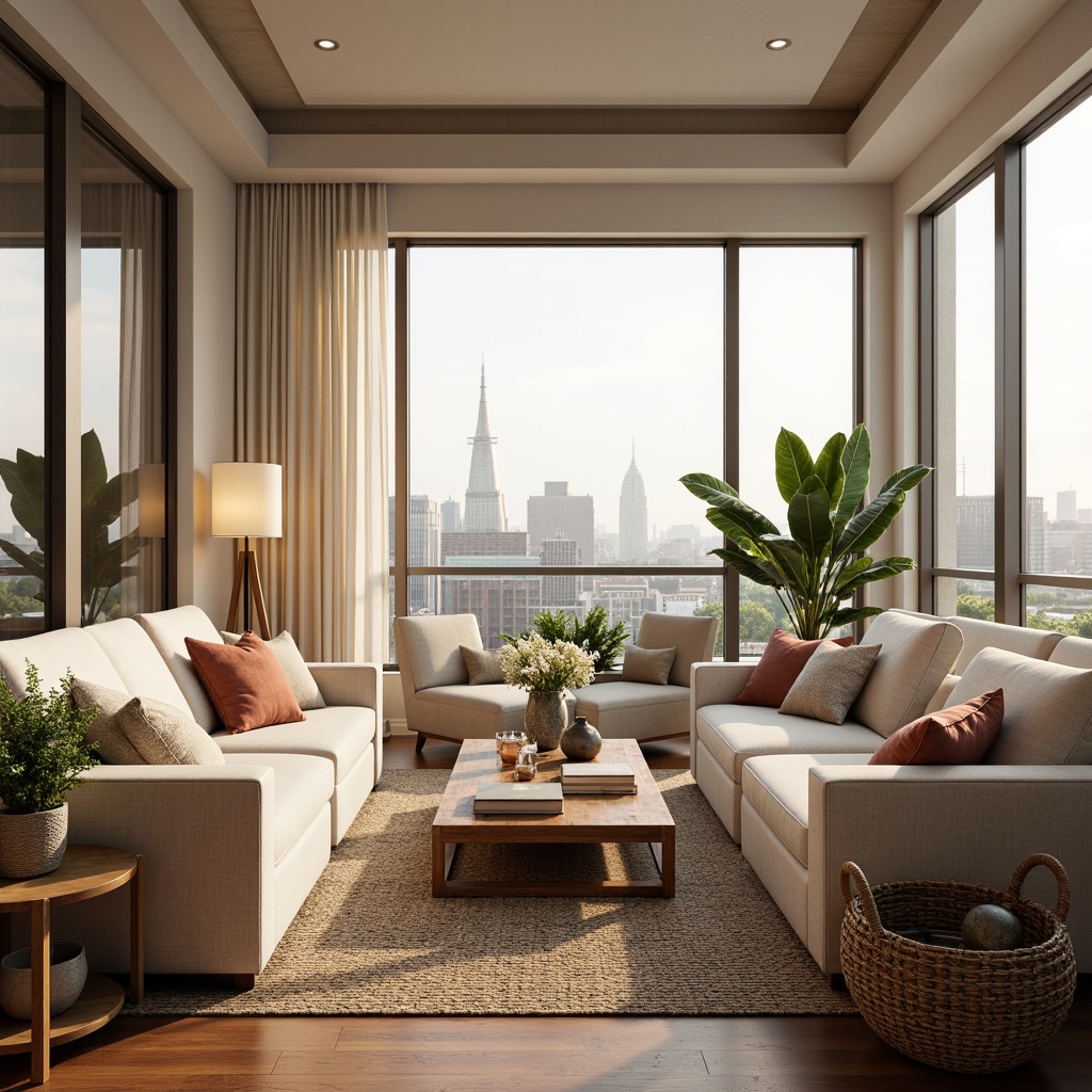 Prompt: Cozy living room, plush sofas, velvet armchairs, wooden coffee tables, soft cushions, woven baskets, natural fiber rugs, warm lighting, floor lamps, table lamps, minimalist decor, pastel color palette, elegant vases, fresh flowers, comfortable reading nooks, oversized windows, cityscape views, morning sunlight, soft shadows, 1/1 composition, intimate atmosphere, realistic textures.