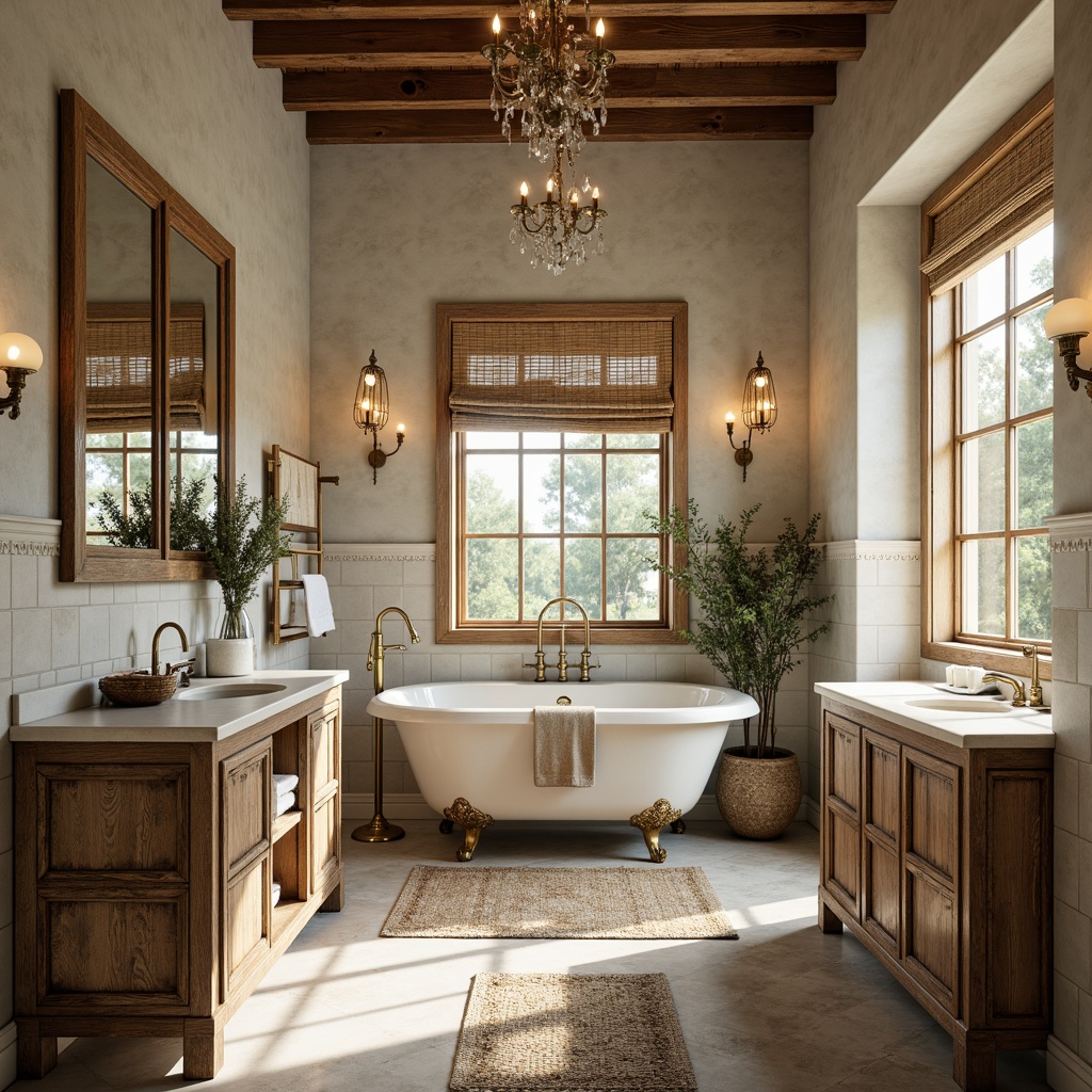 Prompt: Rustic French country bathroom, distressed wood vanities, ornate metal fixtures, soft warm lighting, creamy white marble countertops, decorative ceramic tiles, vintage-inspired faucets, woven wicker storage baskets, natural linen window treatments, floral patterned rugs, antique brass hardware, elegant crystal chandeliers, spa-like ambiance, calming soft colors, 1/1 composition, intimate close-up shot, shallow depth of field.