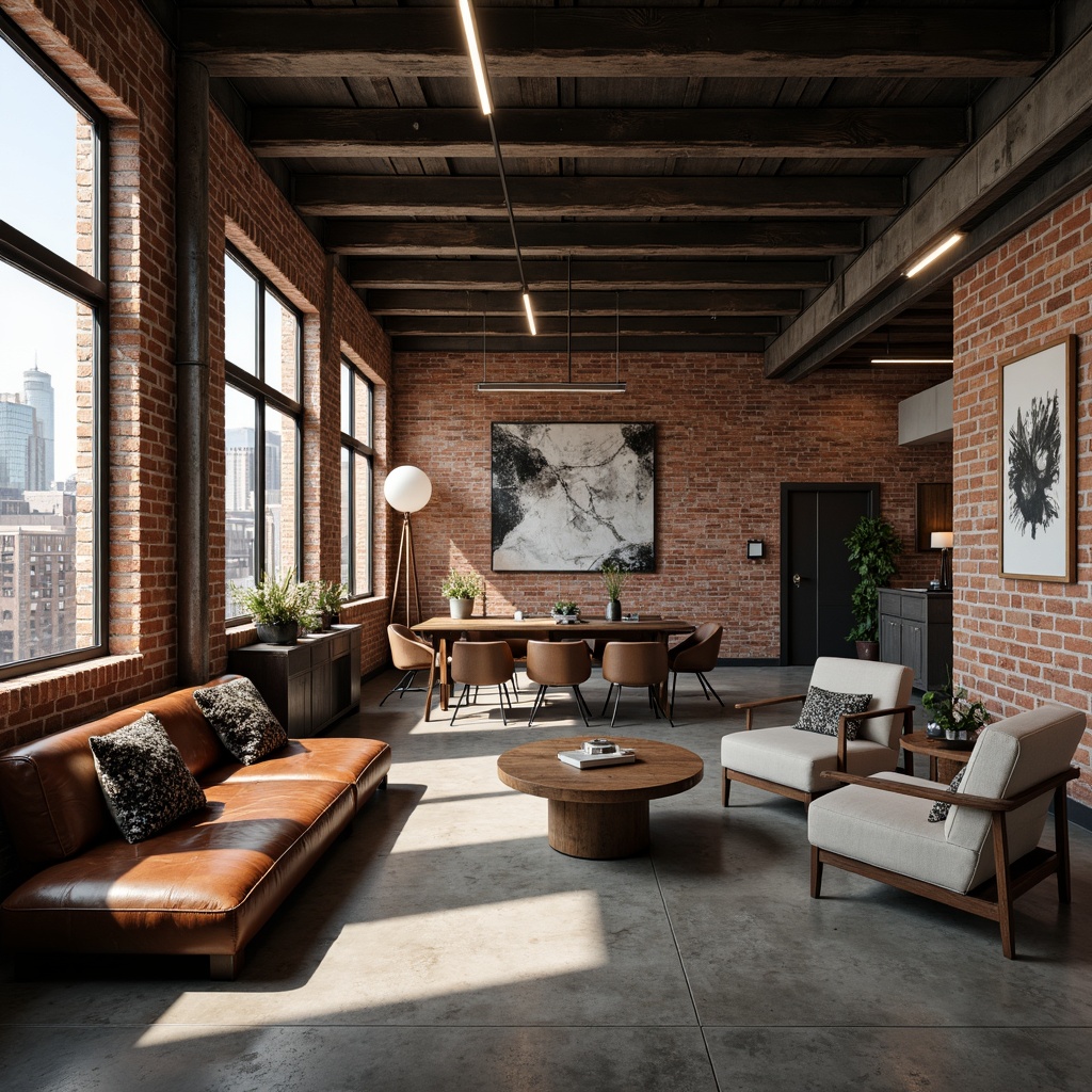 Prompt: Exposed brick walls, polished concrete floors, industrial metal beams, reclaimed wood accents, sleek steel fixtures, minimalist lighting, urban loft atmosphere, raw unfinished ceilings, distressed leather furniture, metallic color palette, gritty cityscape views, modern abstract art pieces, eclectic decorative accessories, luxurious velvet textiles, moody atmospheric lighting, shallow depth of field, 2/3 composition, cinematic camera angles.