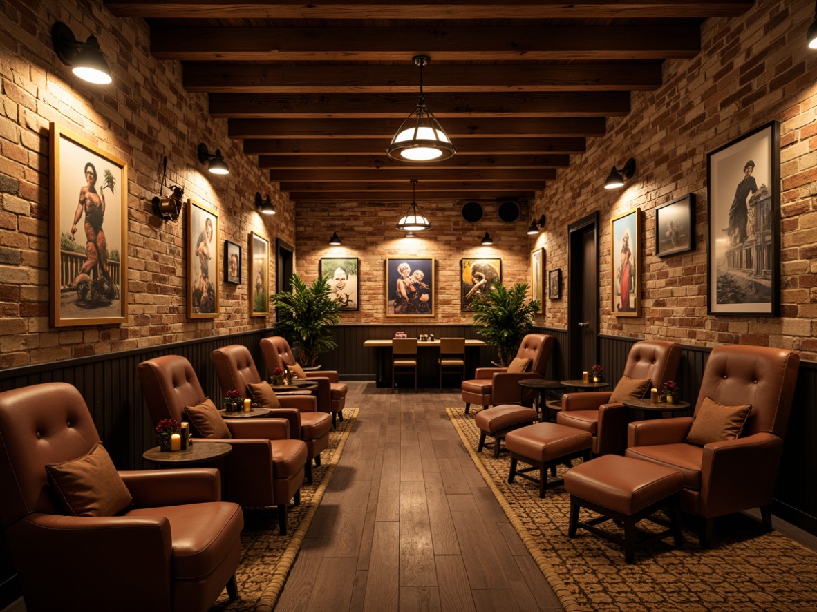 Prompt: Rustic cinema interior, reclaimed wood accent walls, distressed brick finishes, exposed stone textures, earthy tone color palette, vintage movie posters, wooden beam ceilings, metal lantern lighting, cozy plush seating, natural fiber rugs, warm ambient glow, shallow depth of field, 1/1 composition, cinematic mood lighting, nostalgic atmosphere, worn leather details, aged metal decorations.