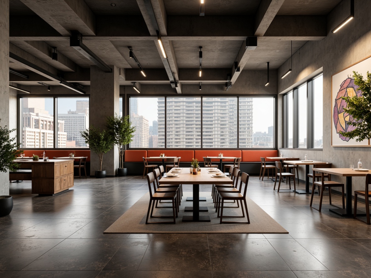 Prompt: Geometric dining hall, minimalist decor, industrial metal chairs, wooden tables, bold color accents, rectangular shapes, clean lines, functional lighting, open floor plan, high ceilings, large windows, natural light, urban views, modern cityscape, abstract artwork, geometric patterns, monochromatic color scheme, sparse decoration, functional simplicity, brutalist architecture, raw concrete walls, steel beams, minimalist tableware, industrial-style lamps, 3/4 composition, low-angle shot, soft warm lighting, shallow depth of field.