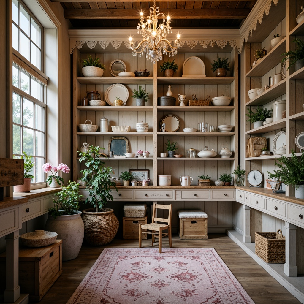 Prompt: Whimsical storage room, distressed wood shelves, vintage metal brackets, soft pastel hues, floral patterns, lace trimmings, ornate mirrors, rustic wooden crates, woven baskets, plush area rugs, crystal chandeliers, warm golden lighting, shallow depth of field, 1/1 composition, intimate atmosphere, romantic textures, subtle color palette.