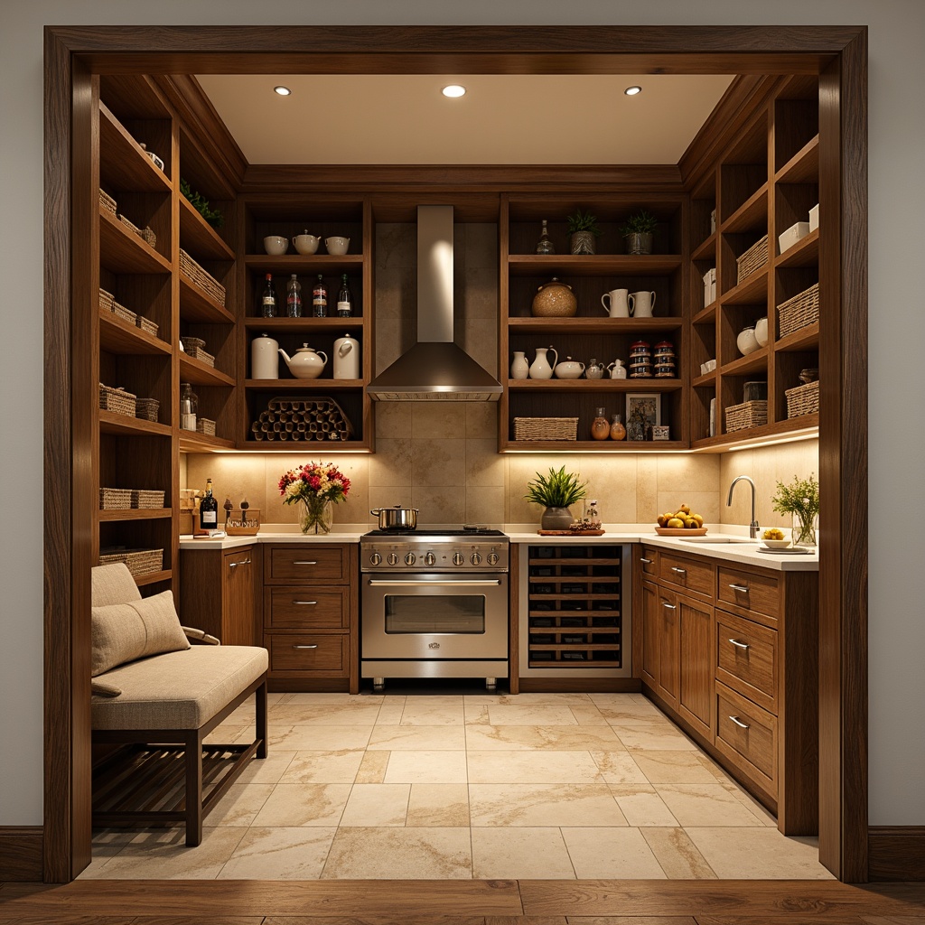 Prompt: Cozy pantry, warm wooden tones, soft overhead lighting, rustic shelving units, woven baskets, ceramic jars, modern appliances, sleek countertops, polished metal handles, fresh flowers, natural stone flooring, earthy color palette, open storage systems, minimalist decor, soft-close drawers, adjustable shelves, ergonomic design, comfortable seating area, built-in wine rack, decorative trimwork.