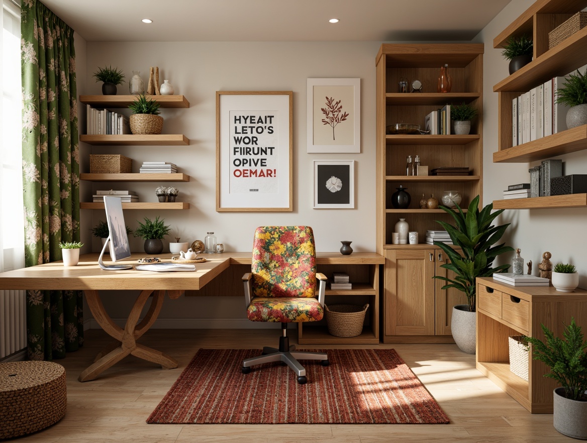 Prompt: Cozy home office, wooden desk, ergonomic chair, vibrant textile upholstery, woven baskets, natural fiber rugs, earthy color palette, soft warm lighting, minimalist decor, modern furniture design, sleek metal legs, wall-mounted shelves, organized storage spaces, inspirational quotes, framed artwork, lush greenery, potted plants, calming ambiance, 1/1 composition, shallow depth of field, realistic textures.