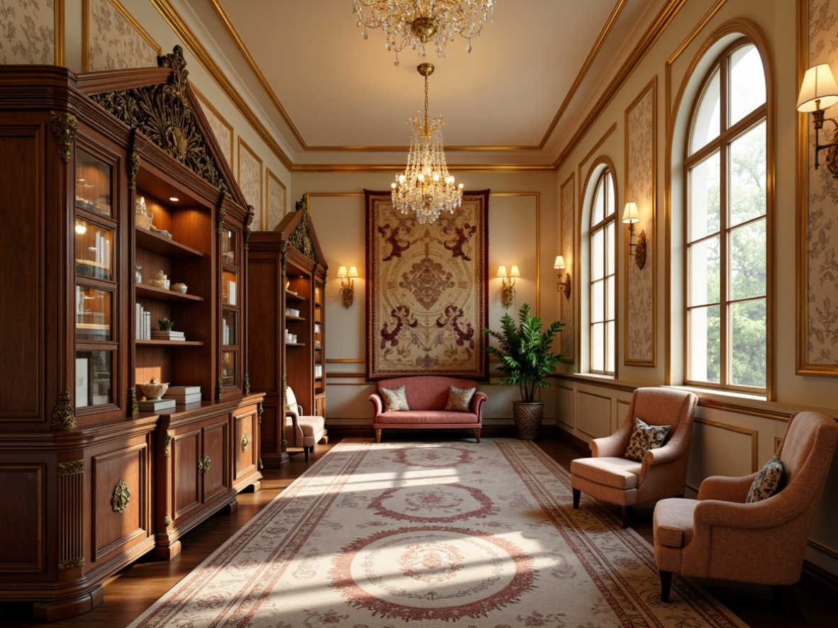 Prompt: Luxurious storage room, ornate gilded moldings, delicate floral patterns, soft cream-colored walls, intricately carved wooden cabinets, adorned with bronze hardware, velvet-upholstered ottomans, richly textured tapestries, crystal chandeliers, warm golden lighting, shallow depth of field, 1/1 composition, detailed close-ups, realistic renderings, ambient occlusion.