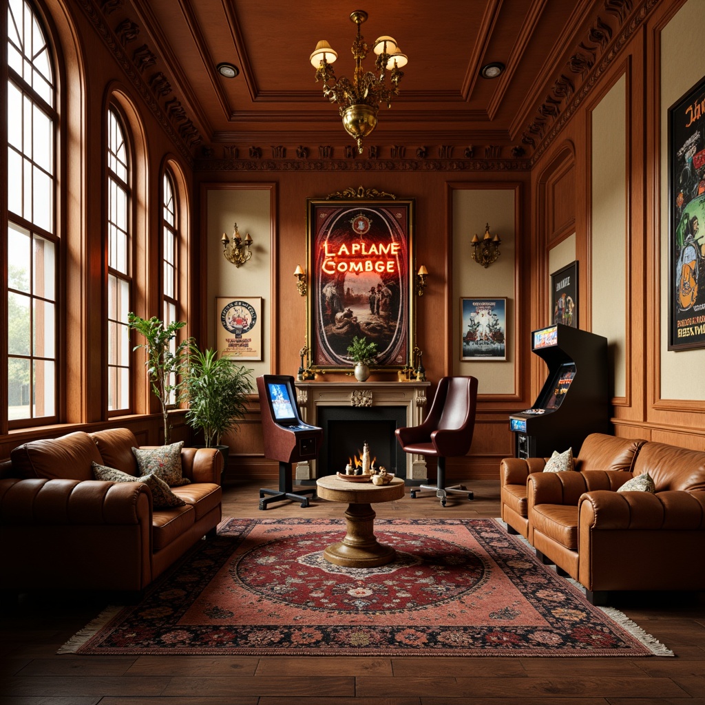 Prompt: Rich walnut wood tones, ornate furnishings, warm beige walls, vintage posters, classic arcade machines, plush velvet couches, golden lamp fixtures, intricate rug patterns, distressed leather armchairs, nostalgic neon signs, cozy atmosphere, soft box lighting, 1/1 composition, realistic textures, ambient occlusion.