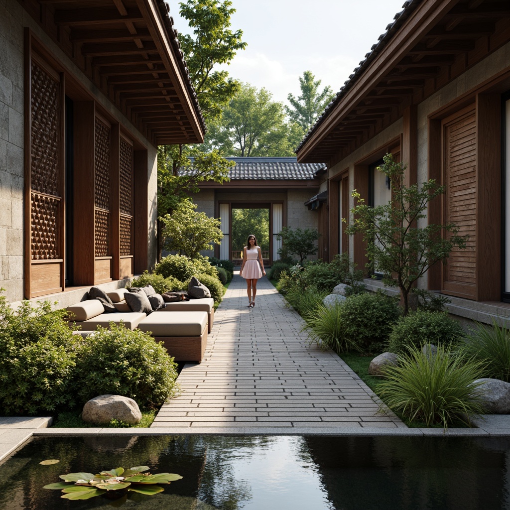 Prompt: Traditional Asian architecture, intricately carved wooden doors, pagoda-style roofs, serene water features, lush greenery, natural stone walls, tatami-matted floors, shoji screens, sliding doors, minimalist interior design, subtle lighting, warm ambiance, shallow depth of field, 3/4 composition, panoramic view, realistic textures, ambient occlusion.