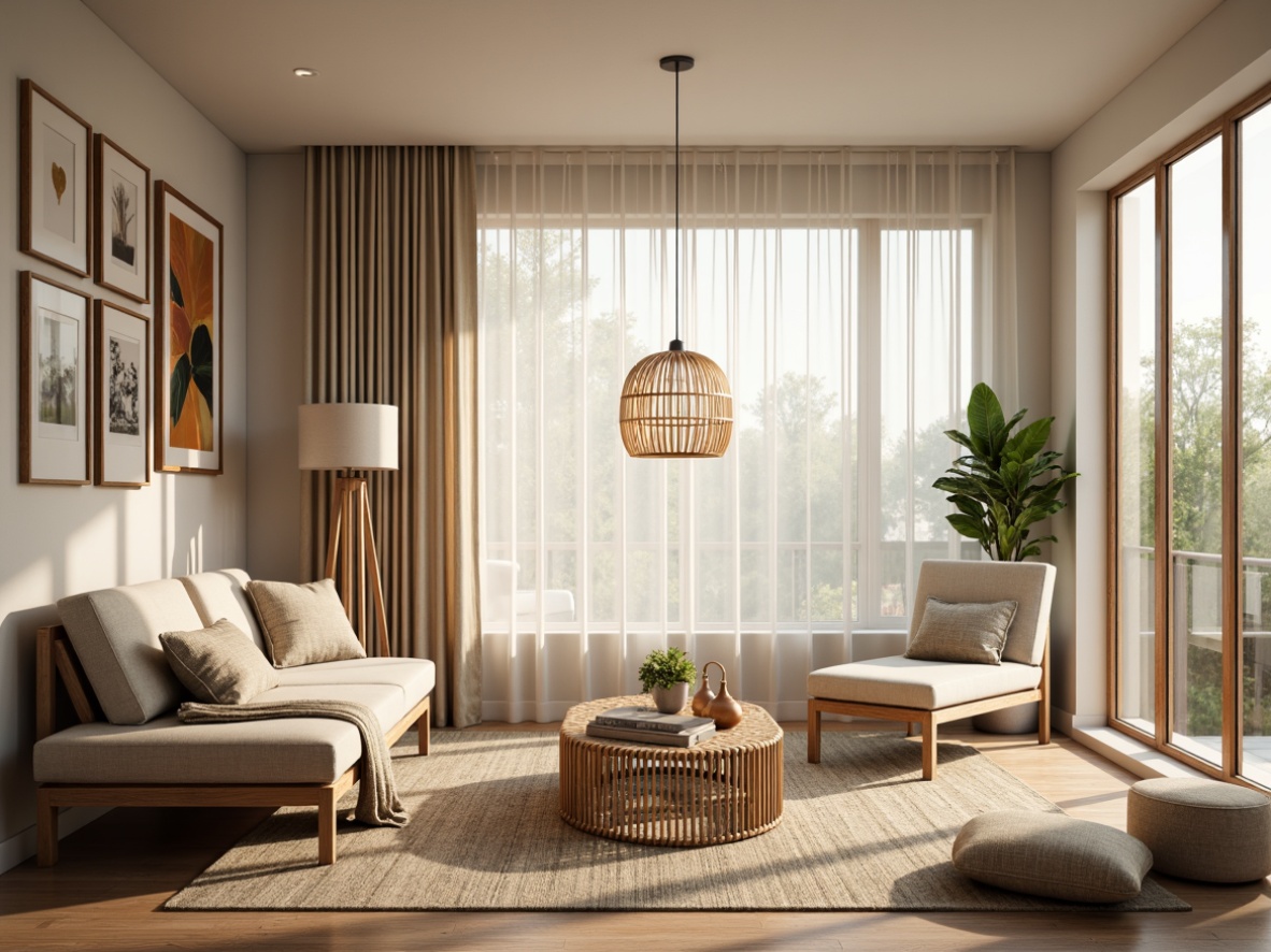 Prompt: Cozy living room, Nordic interior, soft natural light, minimalist decor, wooden accents, beige tones, comfortable sofa, woven textiles, rattan coffee table, pendant lamp, sheer curtains, floor-to-ceiling windows, serene atmosphere, warm glow, shallow depth of field, 1/1 composition, realistic render, ambient occlusion.