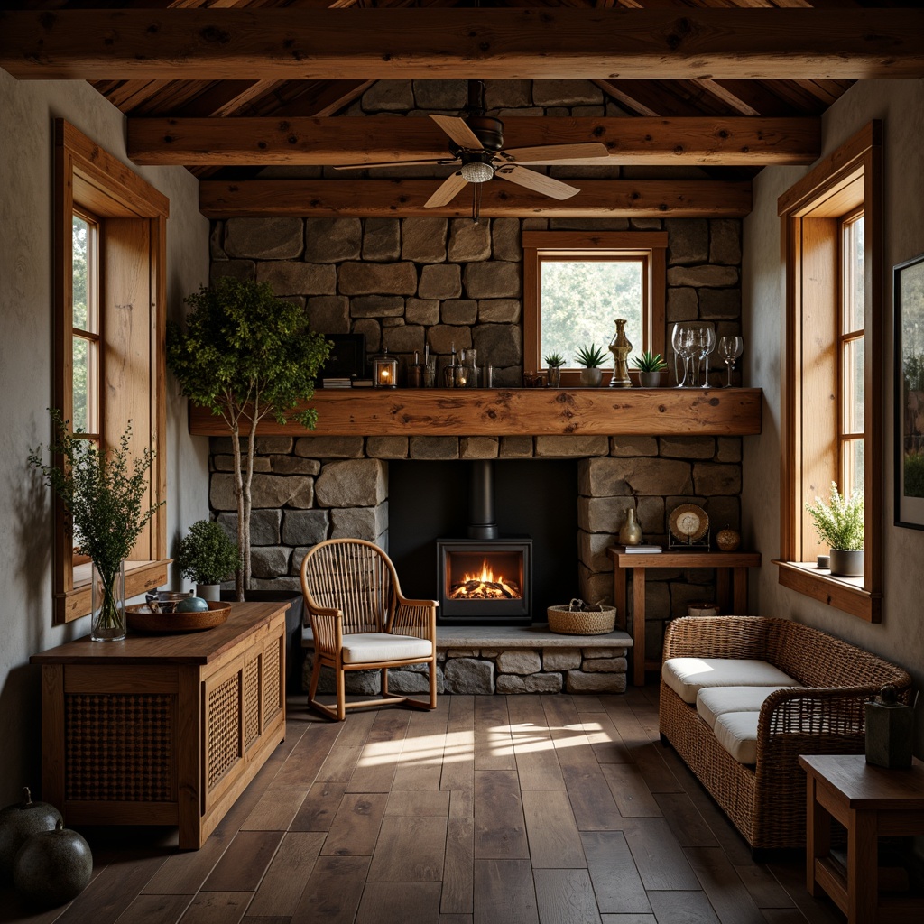 Prompt: Rustic cabin, reclaimed wooden planks, earthy tones, natural stone walls, rough-hewn beams, woven wicker furniture, vintage metal decor, distressed leather upholstery, candlelit ambiance, warm cozy atmosphere, soft diffused lighting, shallow depth of field, 1/1 composition, intimate portrait view, realistic textures, ambient occlusion.