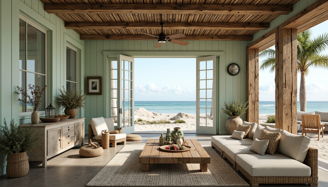 Prompt: Sandy beach, weathered wood accents, driftwood furniture, sea-foam green walls, coral-inspired textiles, ocean-blue glass doors, natural linen upholstery, woven rattan baskets, distressed metal lanterns, soft warm lighting, shallow depth of field, 3/4 composition, panoramic view, realistic textures, ambient occlusion.