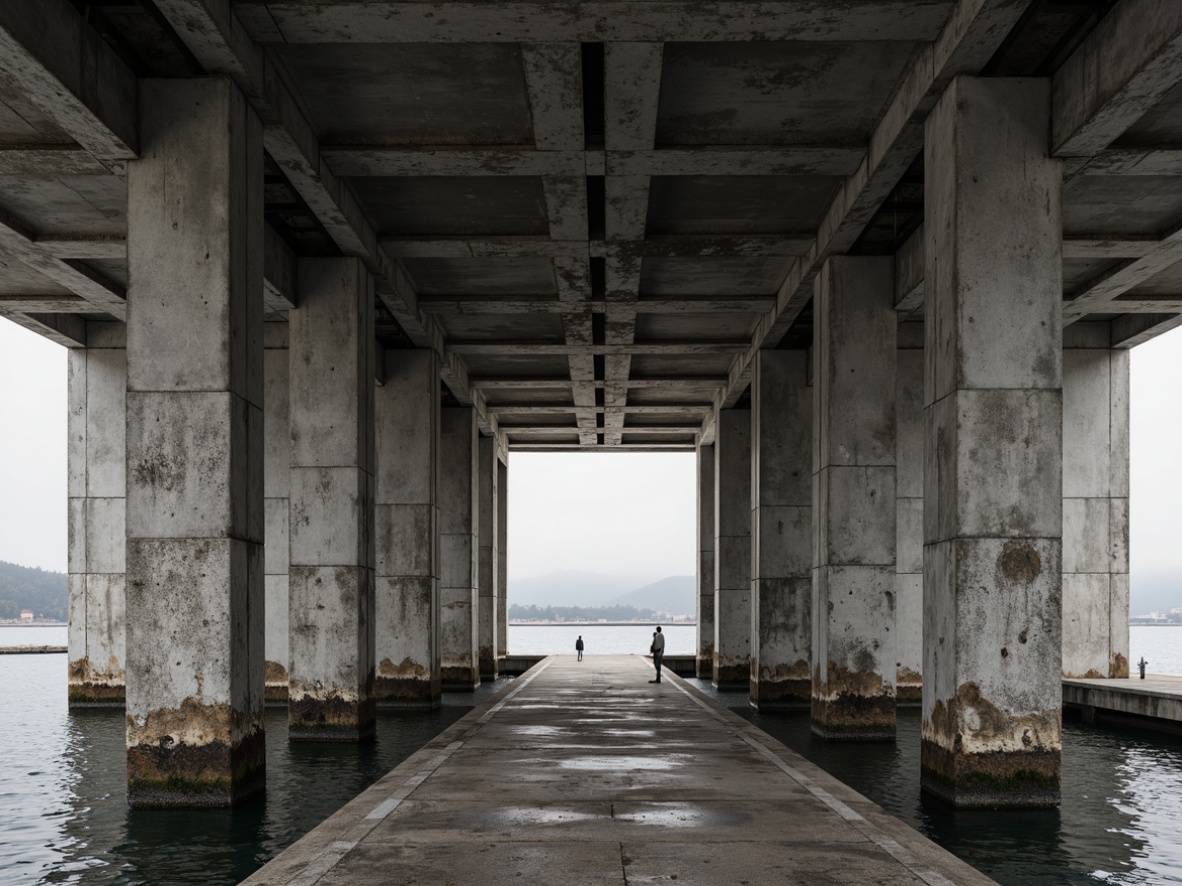 Prompt: Rugged boathouse, exposed concrete structure, brutalist architecture, waterfront location, industrial-style metal beams, weathered wood accents, raw unfinished surfaces, geometric shapes, minimalist decor, dramatic natural light, overcast sky, misty atmosphere, reflection on water, symmetrical composition, high-contrast lighting, detailed textures, ambient occlusion.