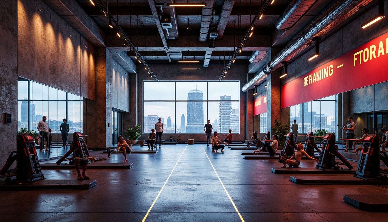 Prompt: Industrial brutalist fitness club, exposed concrete walls, metal beams, raw industrial textures, bold color schemes, neon lighting, futuristic equipment, sleek minimalistic decor, open-concept training areas, mirrored walls, polished metal floors, motivational quotes, urban cityscape views, early morning light, high-contrast shadows, dramatic 1-point perspective composition, realistic reflective surfaces, ambient occlusion.